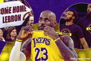 LeBron James dribbling the basketball during an NBA game while wearing his Los Angeles Lakers jersey.