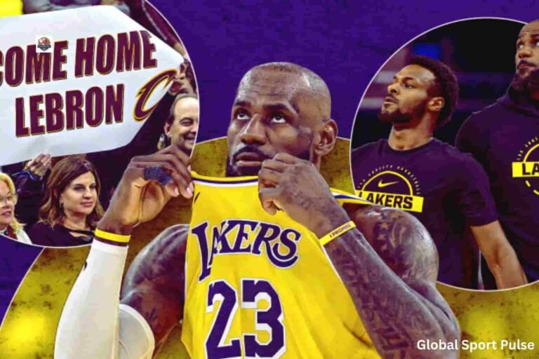 LeBron James dribbling the basketball during an NBA game while wearing his Los Angeles Lakers jersey.