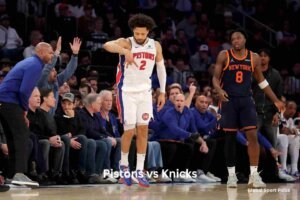 Detroit Pistons vs New York Knicks NBA playoff matchup during an intense basketball game.