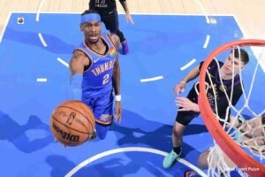Lakers vs OKC Thunder match player stats showing points, rebounds, assists, and full game performance highlights.
