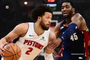 “Cleveland Cavaliers and Detroit Pistons facing off in a competitive NBA game with players in action on the court.”